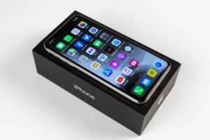 Apple iPhone 11 Pro Max on original packaging, display, apps, programs, multi-touch function, white background, Apple iPhone 11 Pro Max on original packaging, display, apps, programs, multi-touch function, white background,